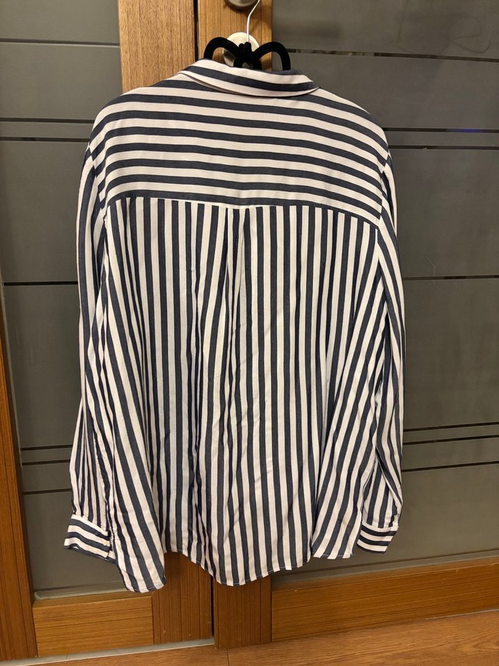 Lacivert beyaz Çizgili Kadın  Gömlek - Görsel 2