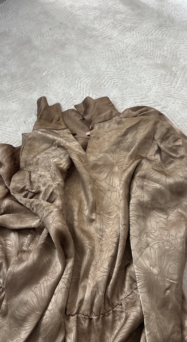 Bej Vintage Bohem Uzun Kollu Kadın Elbise - Görsel 2