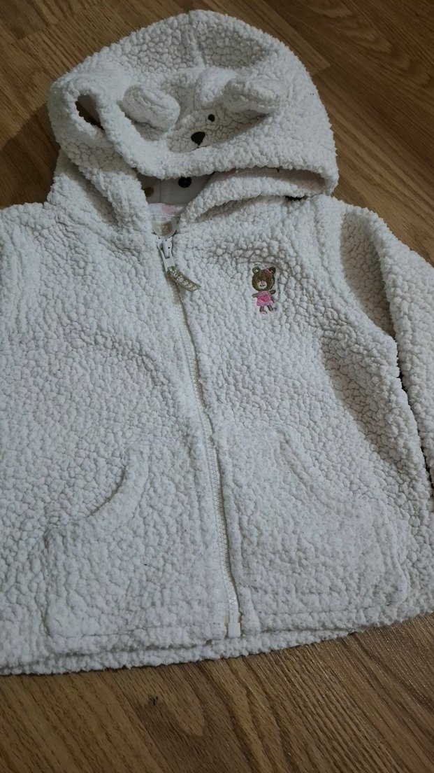 Kız Çocuk Beyaz Kapüşonlu Peluş Ceket - Görsel 3