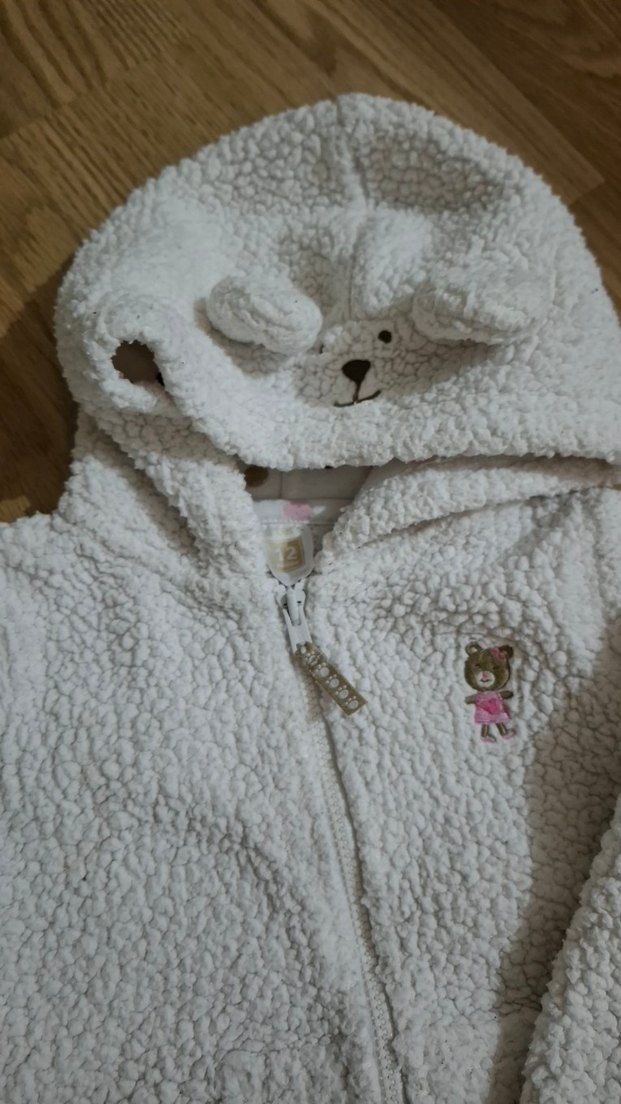 Kız Çocuk Beyaz Kapüşonlu Peluş Ceket - Görsel 2