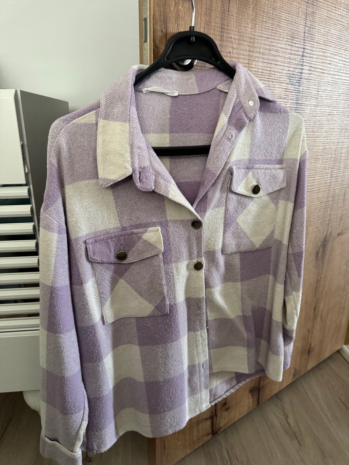 Düğmeli, Uzun Kollu Mor Pamuklu Kadın Gömlek - Görsel 2