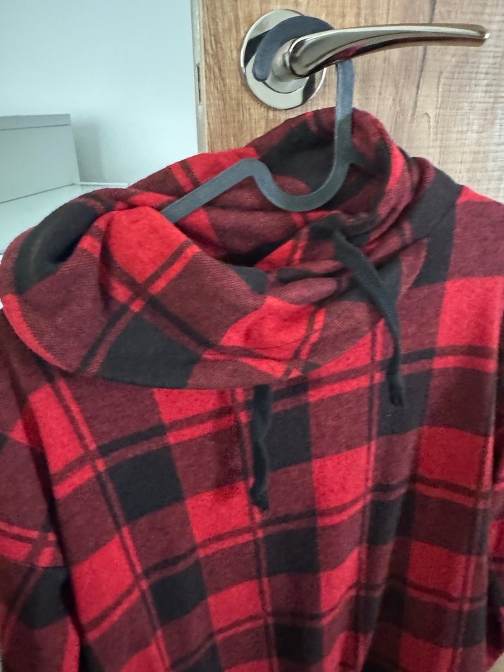 Kırmızı Ekose Desenli Kadın Kapüşonlu Sweatshirt - Görsel 2