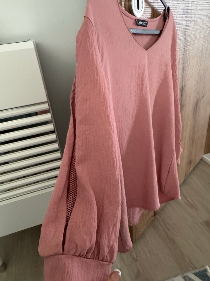 Pembe V Yaka Kadın Keten Bluz - Görsel 3