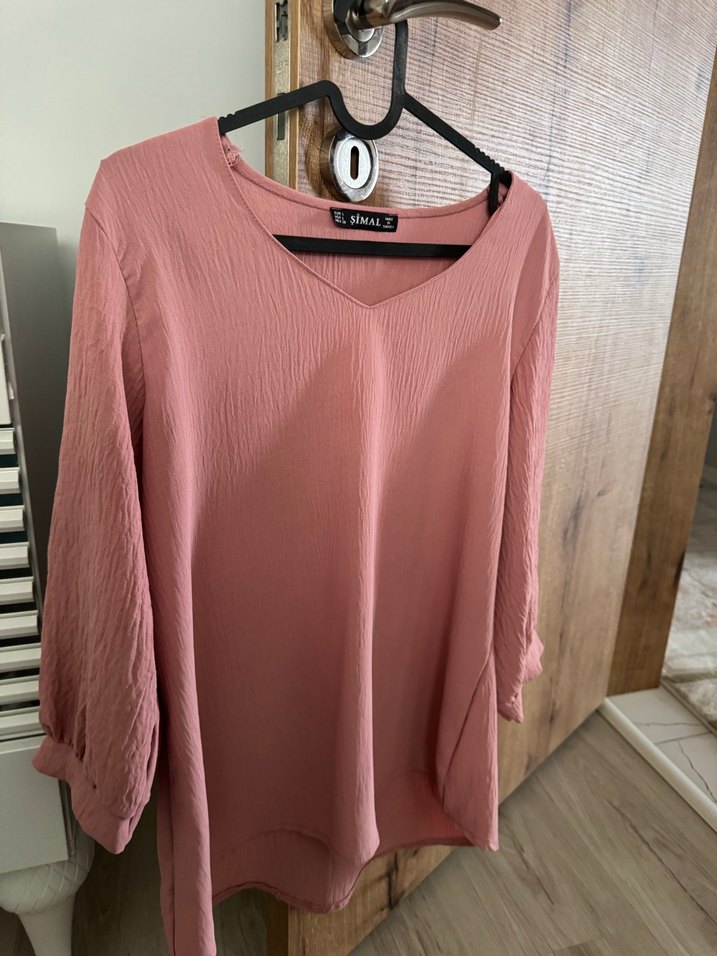 Pembe V Yaka Kadın Keten Bluz - Görsel 2