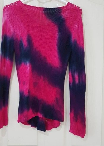 Pembe-Lacivert Batik Desenli V Yaka Triko Kazak - Görsel 4