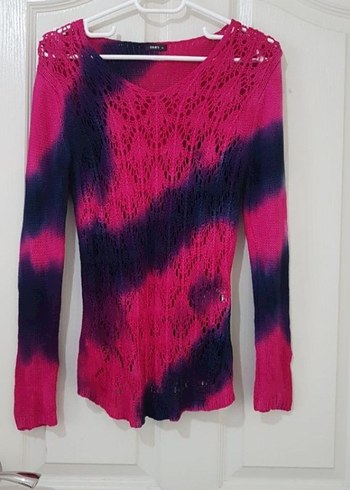 Pembe-Lacivert Batik Desenli V Yaka Triko Kazak - Görsel 2