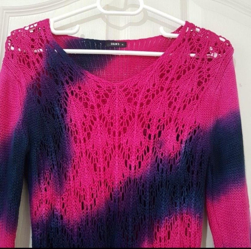 Pembe-Lacivert Batik Desenli V Yaka Triko Kazak - Görsel 3