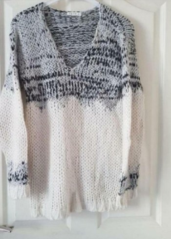 Gri Bohem V Yaka Örgü Kadın Kazak - Görsel 2