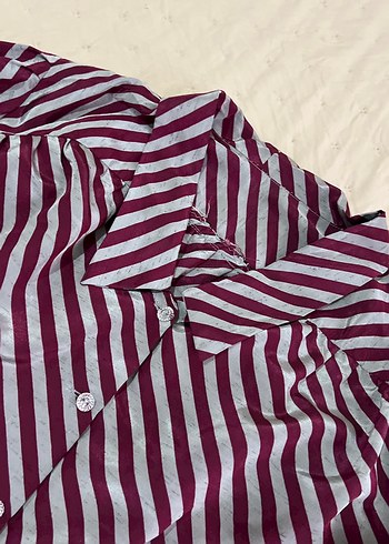 Bordo Çizgili Uzun Kollu Kadın Gömlek - Görsel 3