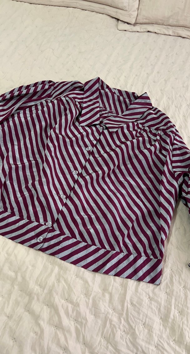 Bordo Çizgili Uzun Kollu Kadın Gömlek - Görsel 4
