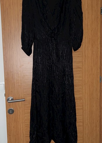 Siyah V Yaka Uzun Keten Elbise - Görsel 4