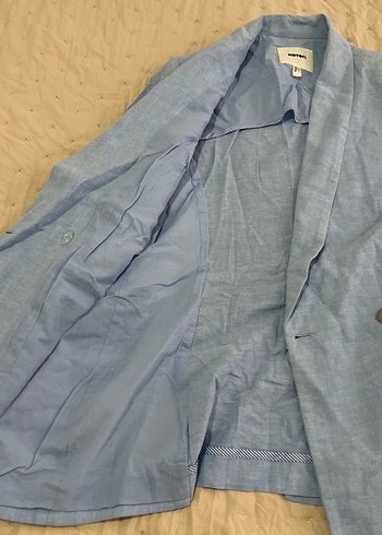 Mavi Keten Kadın Midi Blazer Ceket - Görsel 4