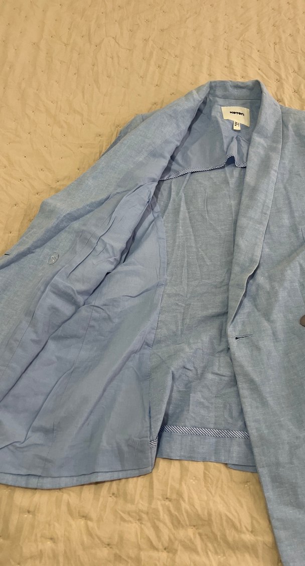 Mavi Keten Kadın Midi Blazer Ceket - Görsel 4