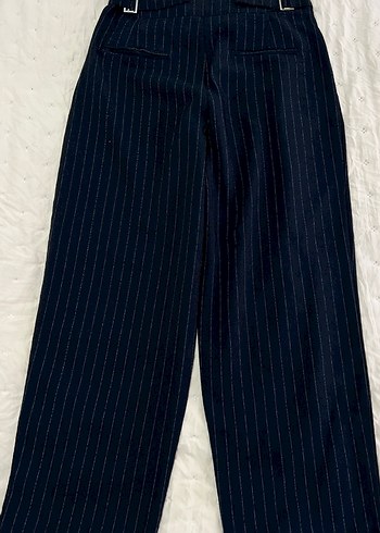 Lacivert Pilili Midi Kumaş Pantolon kısa paçalı - Görsel 3