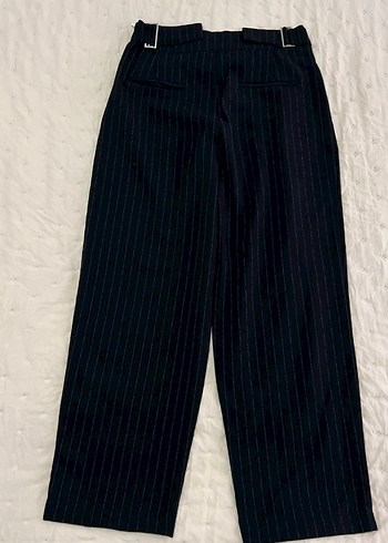 Lacivert Pilili Midi Kumaş Pantolon kısa paçalı - Görsel 4