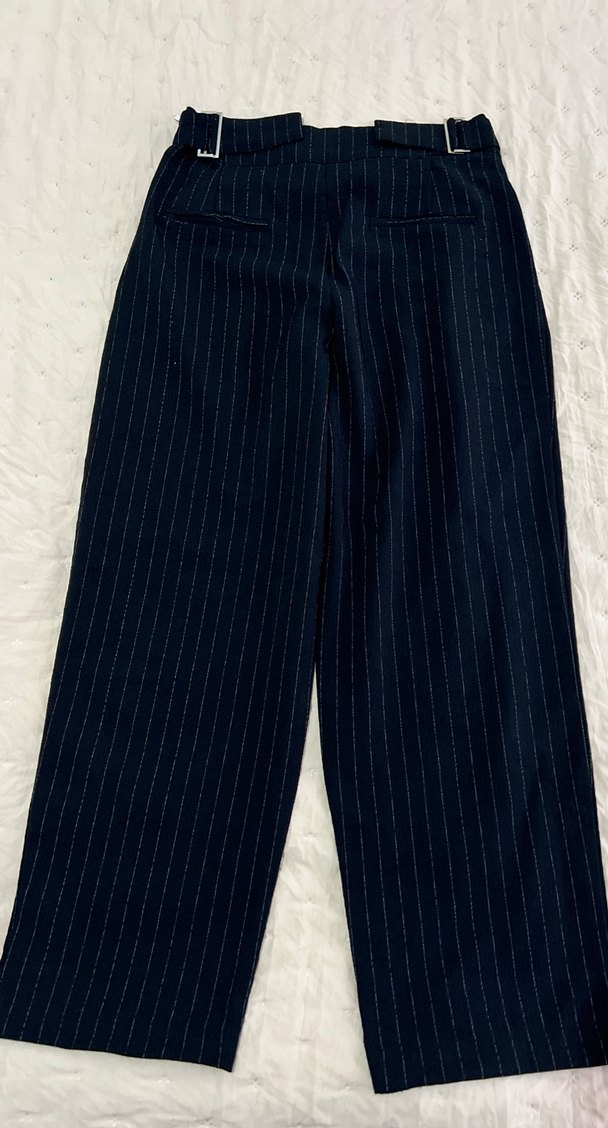 Lacivert Pilili Midi Kumaş Pantolon kısa paçalı - Görsel 3