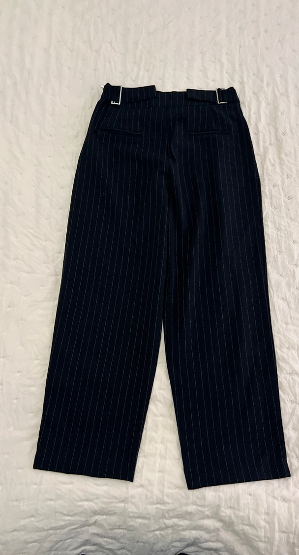 Lacivert Pilili Midi Kumaş Pantolon kısa paçalı - Görsel 4