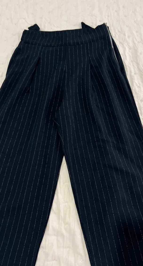 Lacivert Pilili Midi Kumaş Pantolon kısa paçalı - Görsel 2