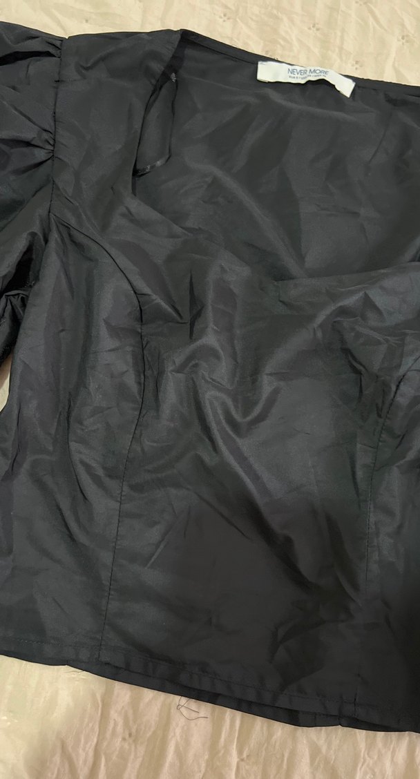 Siyah Drapeli Kadın Bluz, Uzun Kollu, Mini - Görsel 2