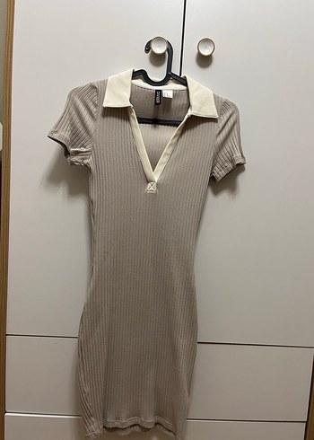 xs Beden Polo Yaka Bej Midi Elbise
