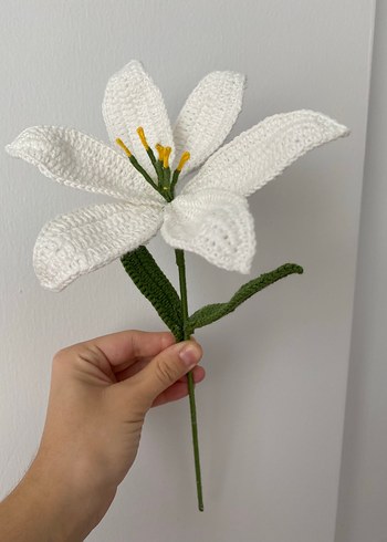 El Yapımı Beyaz Örgü Zambak Çiçeği