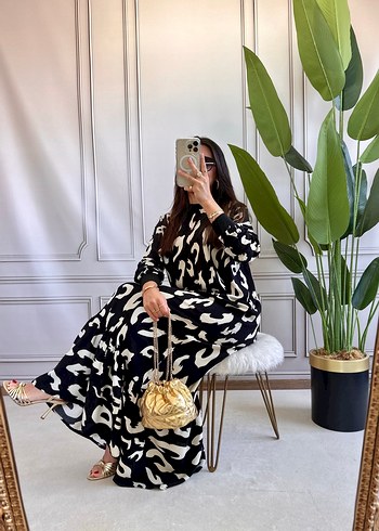 Uzun Siyah Zebra Desenli Salaş Elbise - Görsel 4