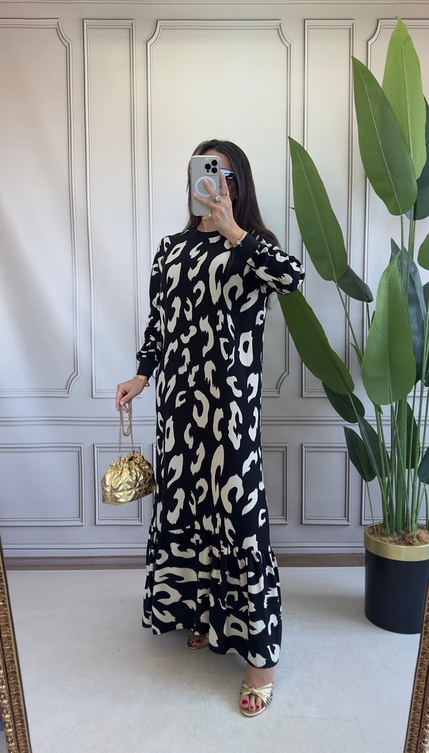 Uzun Siyah Zebra Desenli Salaş Elbise - Görsel 3