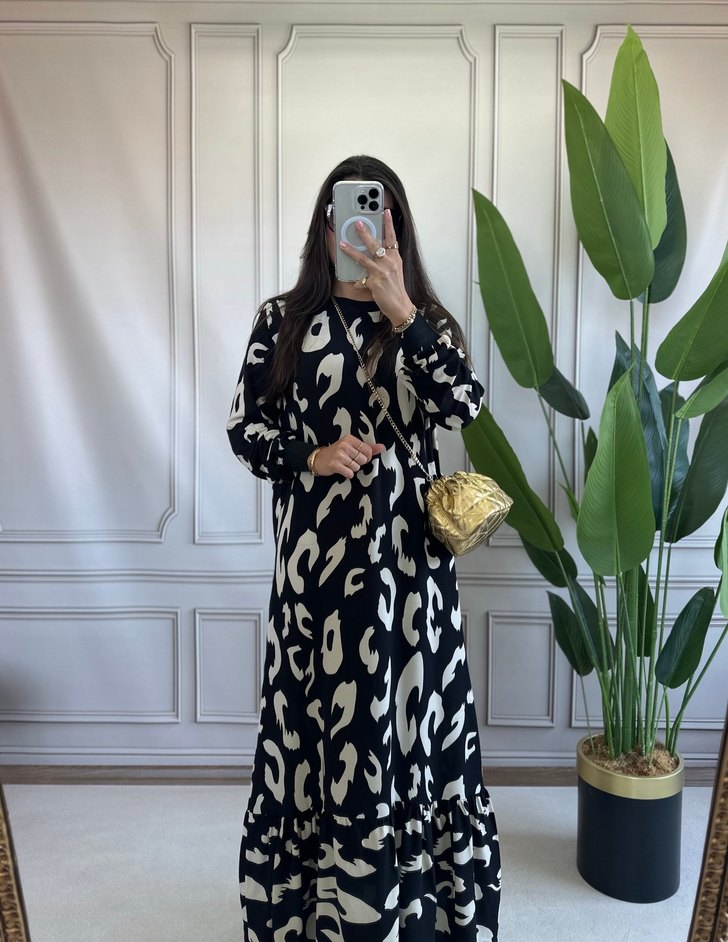 Uzun Siyah Zebra Desenli Salaş Elbise - Görsel 2