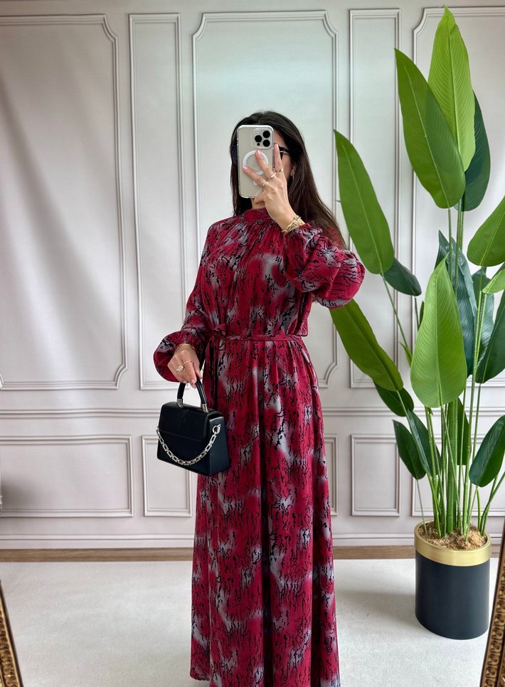 Bordo Uzun Kollu Piliseli Uzun Elbise - Görsel 2