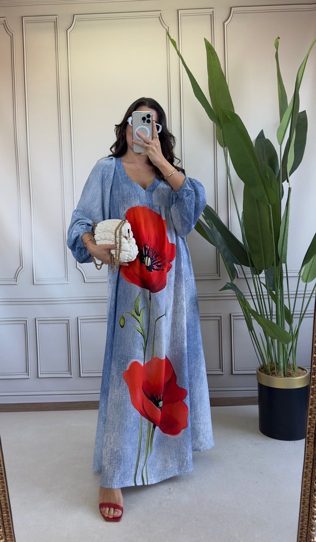 Püsküllü, Uzun Kol, V Yaka Kadın Bohem Elbise - Görsel 5