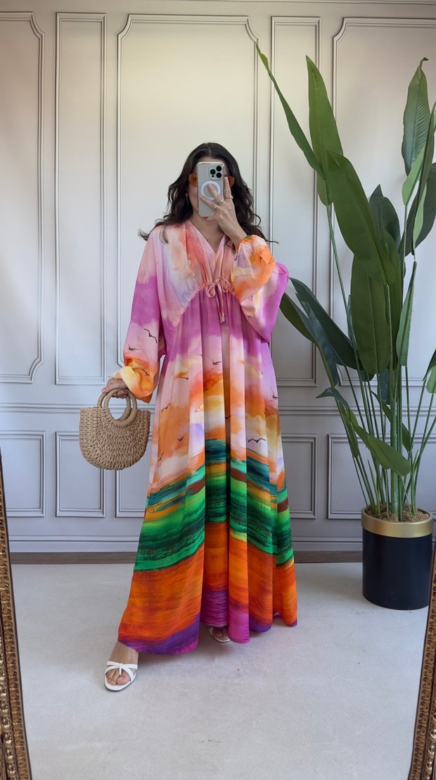 Kadın Bohem Uzun Renkli Batik Elbise - Görsel 3