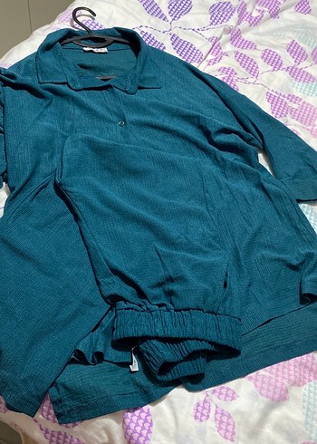 Düğmeli petrol mavisi Keten Gömlek pantalon takım - Görsel 6