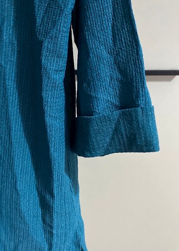 Düğmeli petrol mavisi Keten Gömlek pantalon takım - Görsel 3