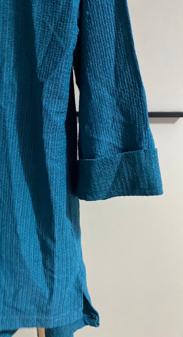 Düğmeli petrol mavisi Keten Gömlek pantalon takım - Görsel 3