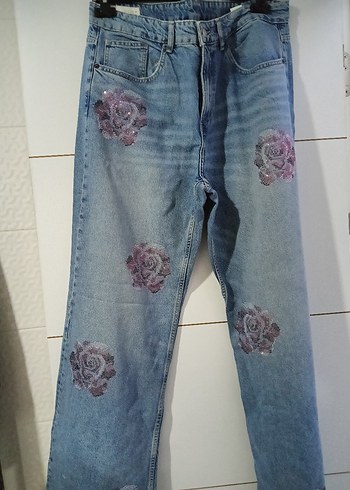 Pembe Payetli Batik Desenli Kadın Denim Pantolon
