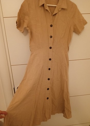 Bej Keten Midi Düğmeli Kadın Elbise - Görsel 2