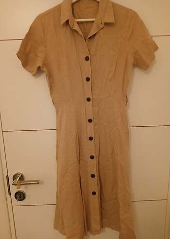 Bej Keten Midi Düğmeli Kadın Elbise - Görsel 4