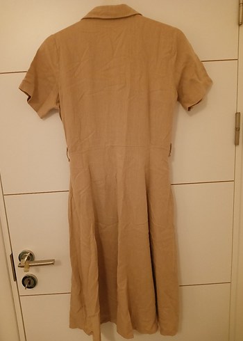 Bej Keten Midi Düğmeli Kadın Elbise - Görsel 3