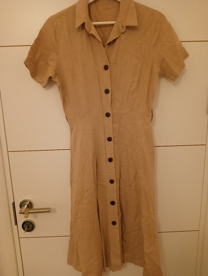 Bej Keten Midi Düğmeli Kadın Elbise - Görsel 4