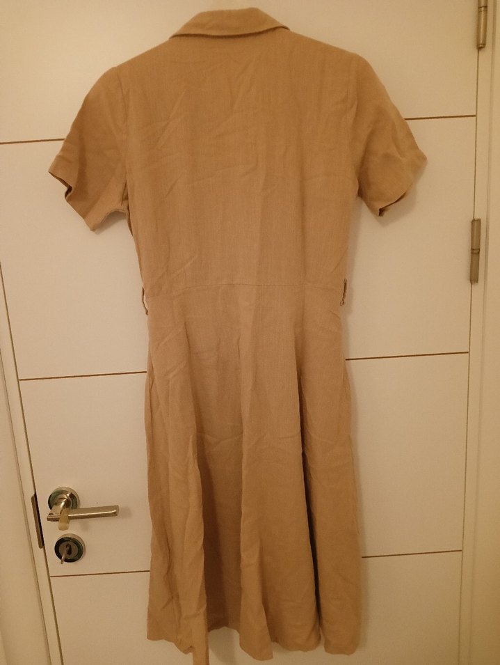 Bej Keten Midi Düğmeli Kadın Elbise - Görsel 3