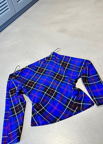 Mavi renk düşük omuz Uzun Kollu Kadın Bluz - Görsel 2