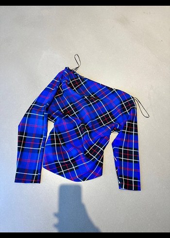 Mavi renk düşük omuz Uzun Kollu Kadın Bluz - Görsel 4