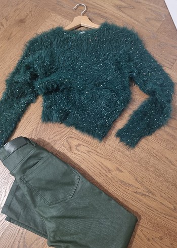 zaraKısa Tüylü Yeşil Kadın Kazak stradivarius dar paça pantalon - Görsel 4