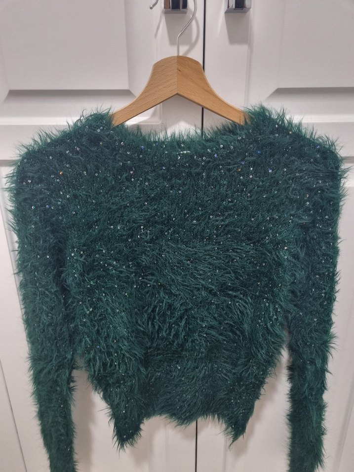 zaraKısa Tüylü Yeşil Kadın Kazak stradivarius dar paça pantalon - Görsel 3