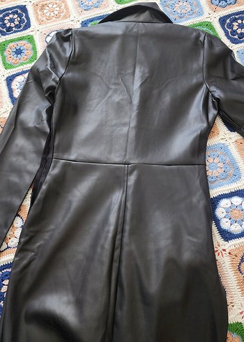 Düğmeli Siyah Deri Kadın elbise - Görsel 3