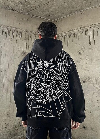 örümcek ağı yüz detaylı zip hoodie hırka