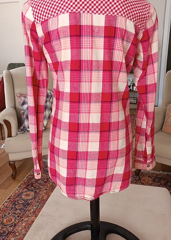 Düğmeli Pembe Kareli Uzun Kollu Gömlek - Görsel 6