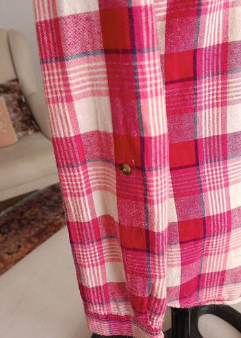 Düğmeli Pembe Kareli Uzun Kollu Gömlek - Görsel 5