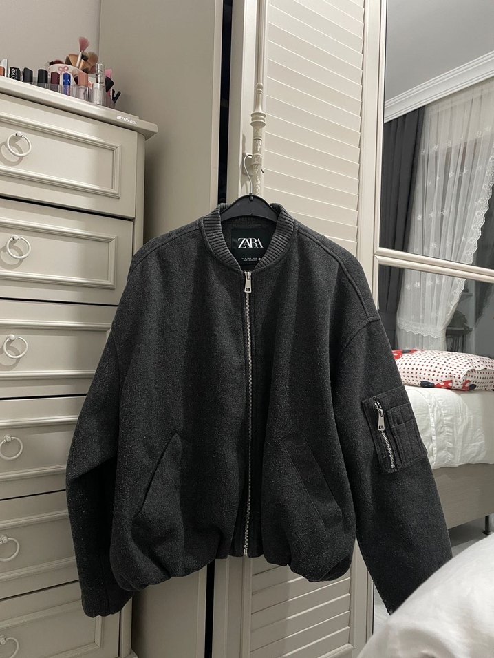 Gri Fermuarlı Midi Streetwear Kadın Kaban - Görsel 2