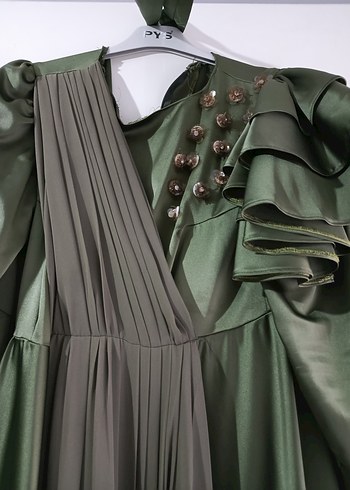 Kadın Haki Uzun Drapeli Abiye Elbise - Görsel 2